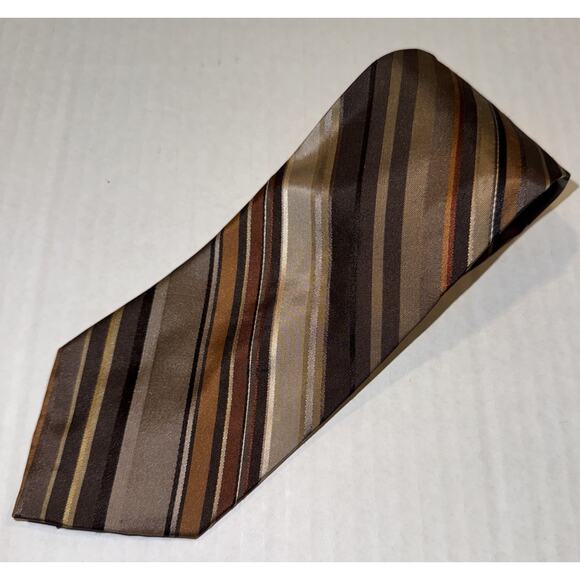Perry Ellis Portfolio 100% Silk Brown Gold Regimental Stripe Classic Necktie - Picture 1 of 7